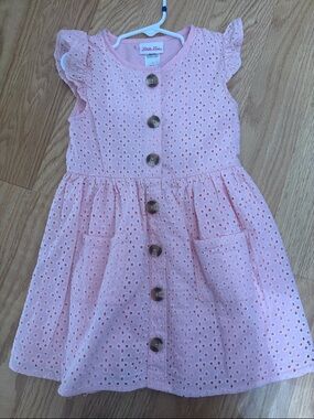 Little Lass Pink Eyelet Button-Front Dress with Pockets
